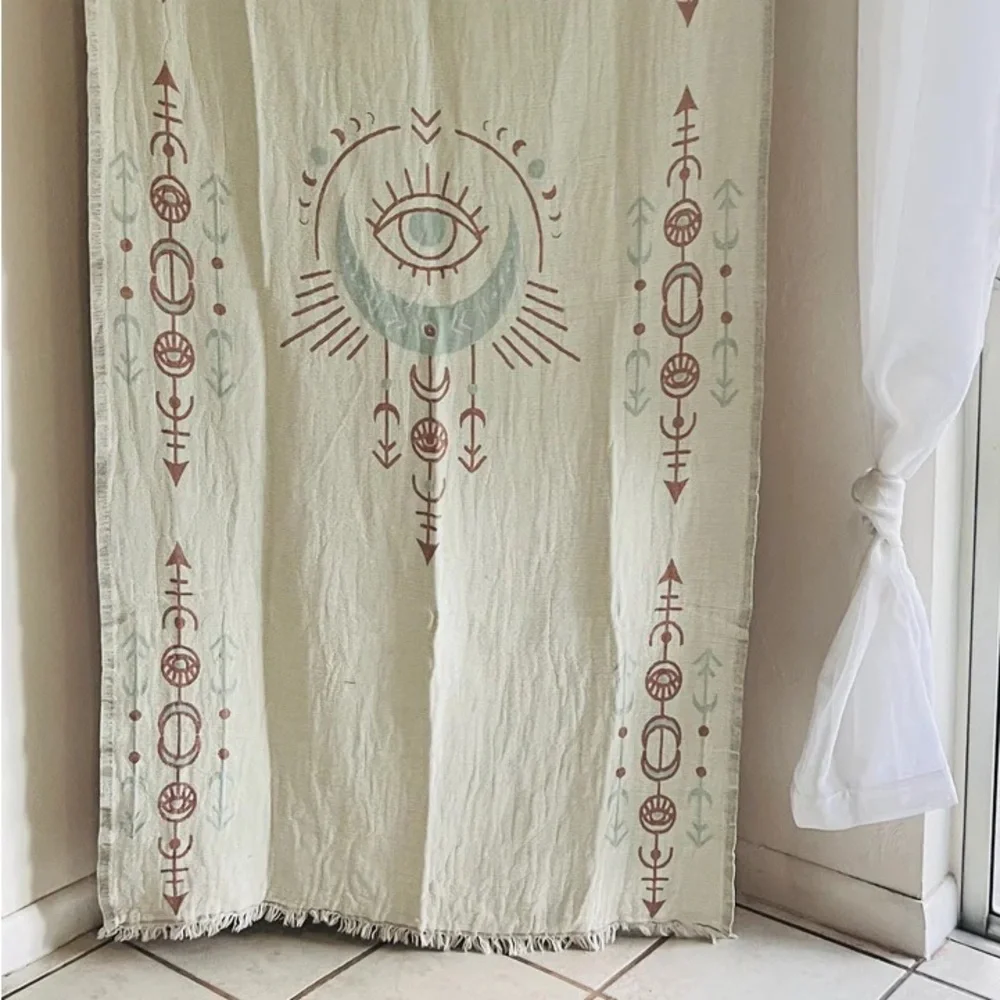 Bohemian Shower Curtain Set of 2 Moon Stars Eye Design Clay Woven Organic Cotton